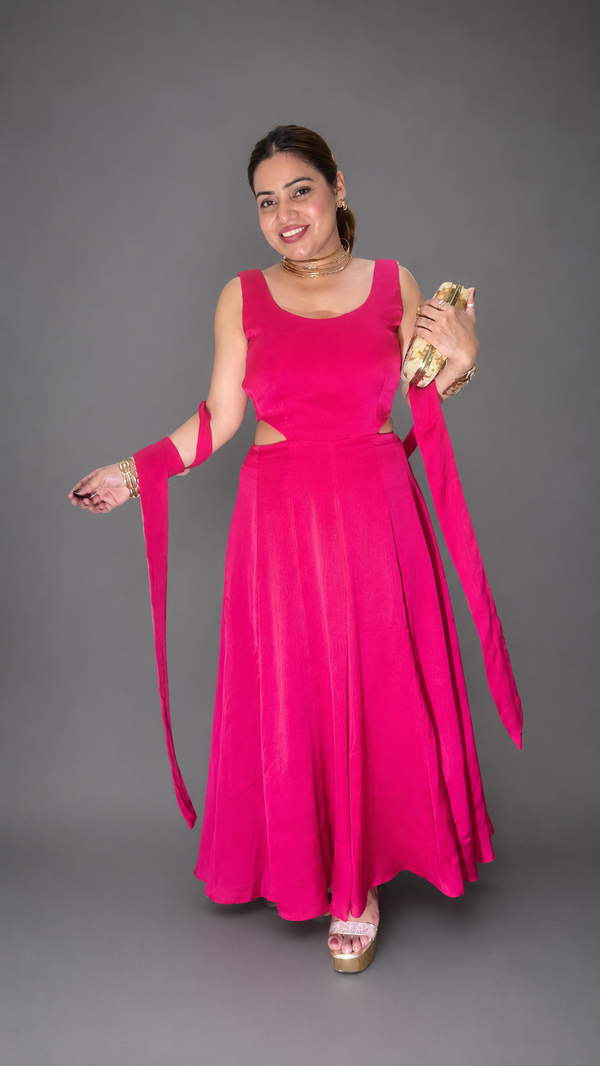 Hot Pink Flared Cut-Out Anarkali Dress
