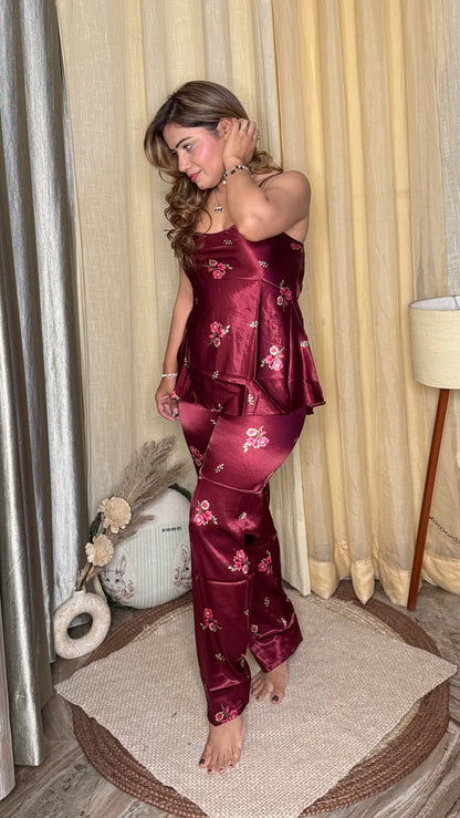 luxury satin floral nightwear 3pc set