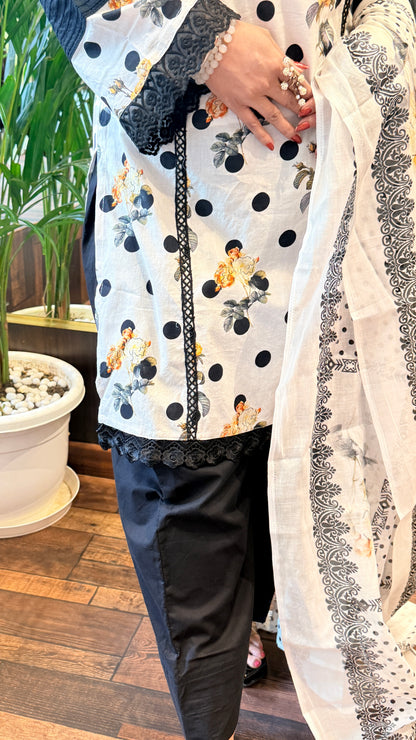 Black & White Floral Polka Kurta Set with Dupatta