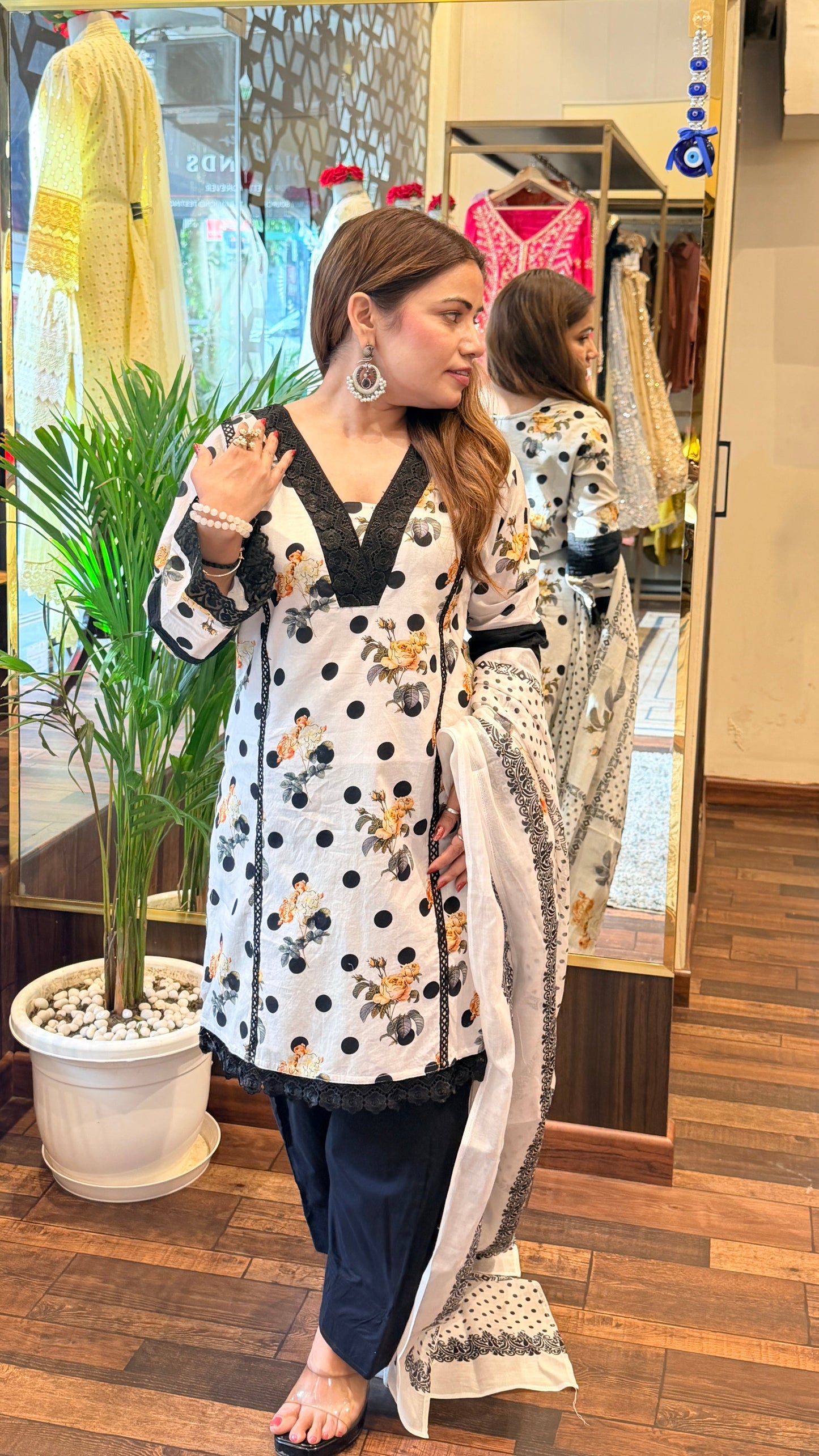 Black & White Floral Polka Kurta Set with Dupatta
