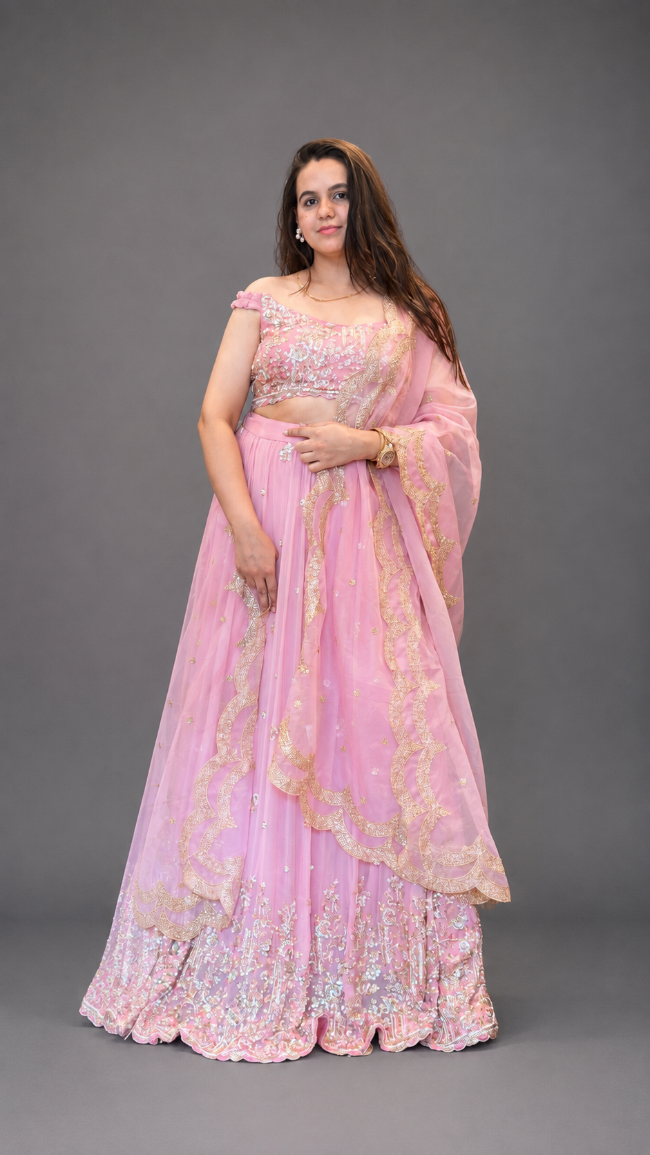 Blush Pink Hand-Embroidered Lehenga Set with Scalloped Dupatta