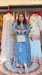 Blue Contemporary Printed Gaji Silk Satin Two-Piece Set