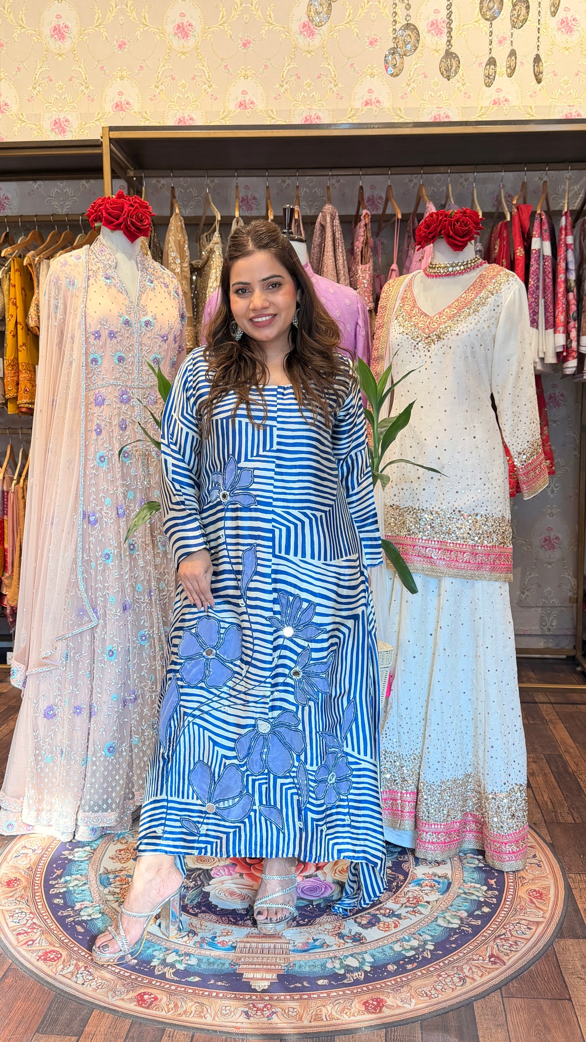 Blue Contemporary Printed Gaji Silk Satin Two-Piece Set