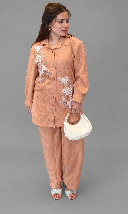 Linen Embroidered Co-Ord Set for Women | Premium Shirt & Pant Set | Bling by Anjali