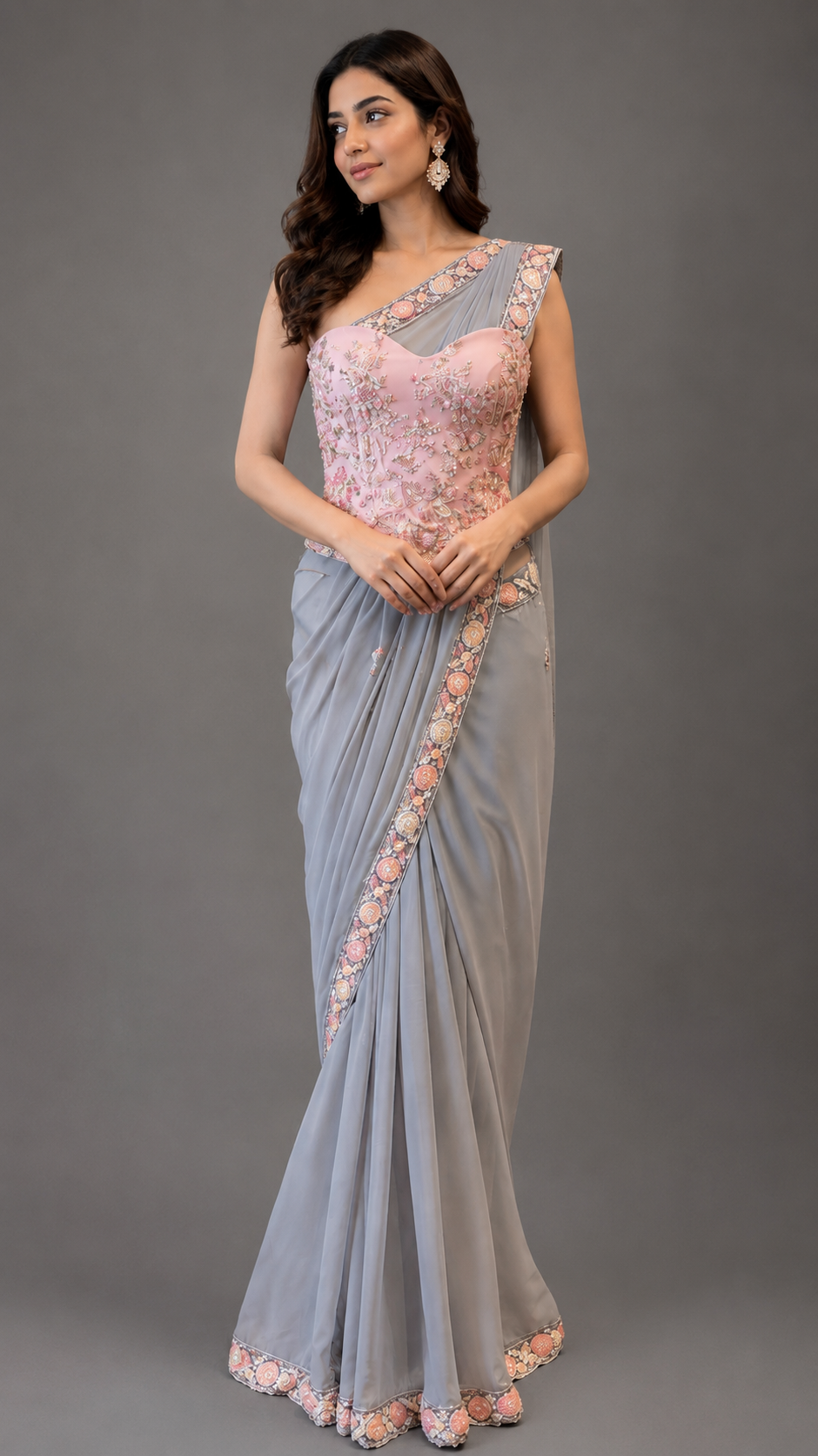 Grey Draped Saree with Hand-Embroidered Blush Pink Corset