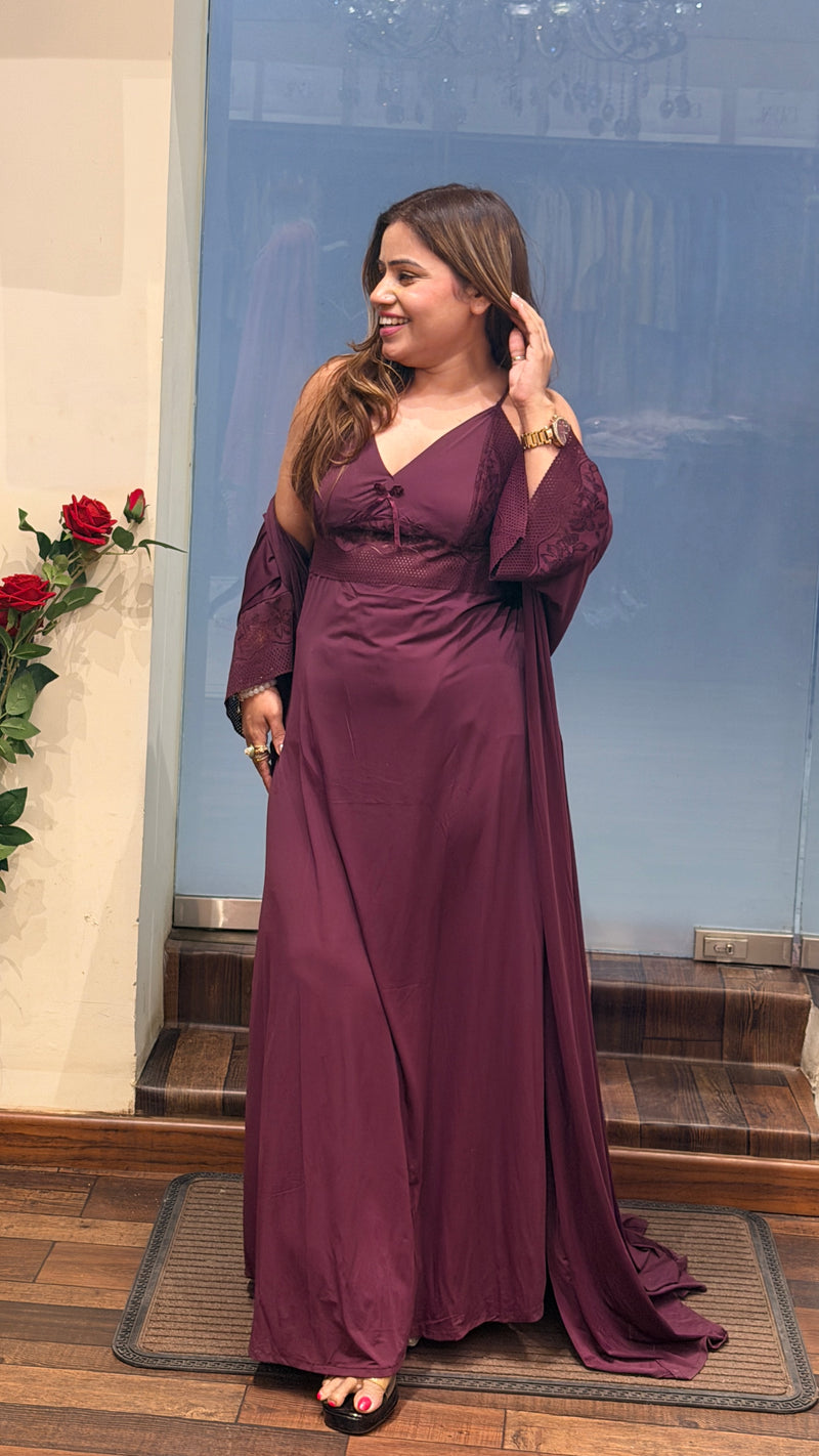 Luxury Satin Nightwear Set with Long Robe – Wine Plum