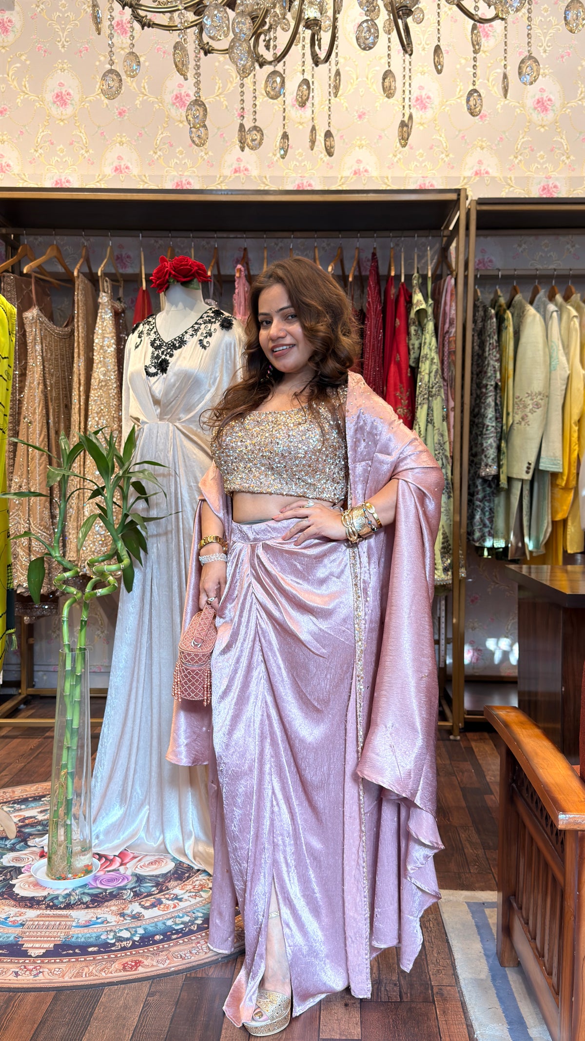 Hand-Embellished Satin Draped Skirt Set with Blouse & Cape