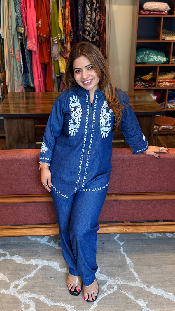 Indigo Denim Co-ord Set with White Embroidery
