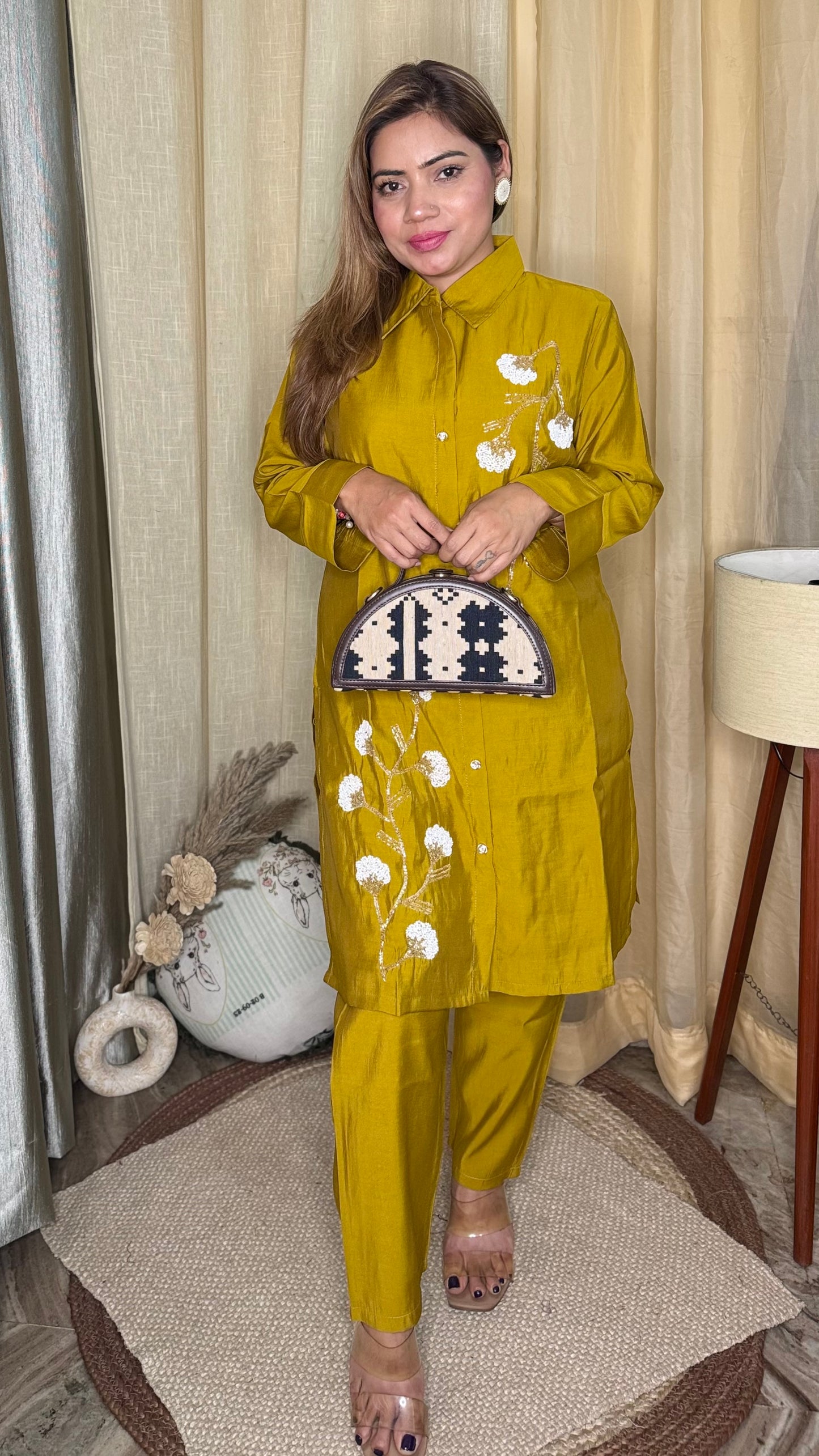 Rich mustard yellow 
Embroidered Kurta cord Set