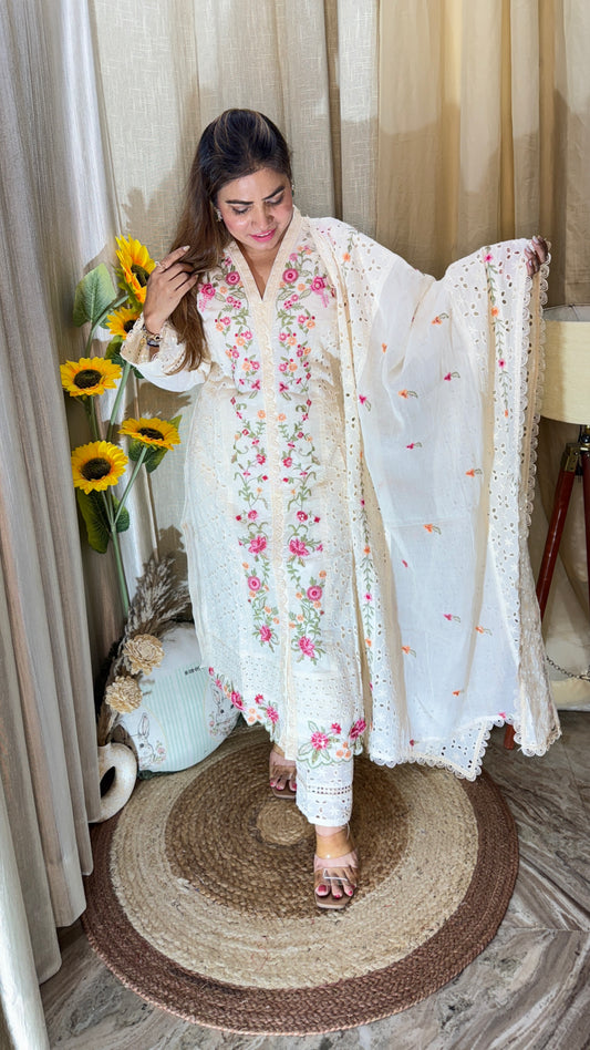 Elegant White Chikankari Floral Embroidered Suit Set