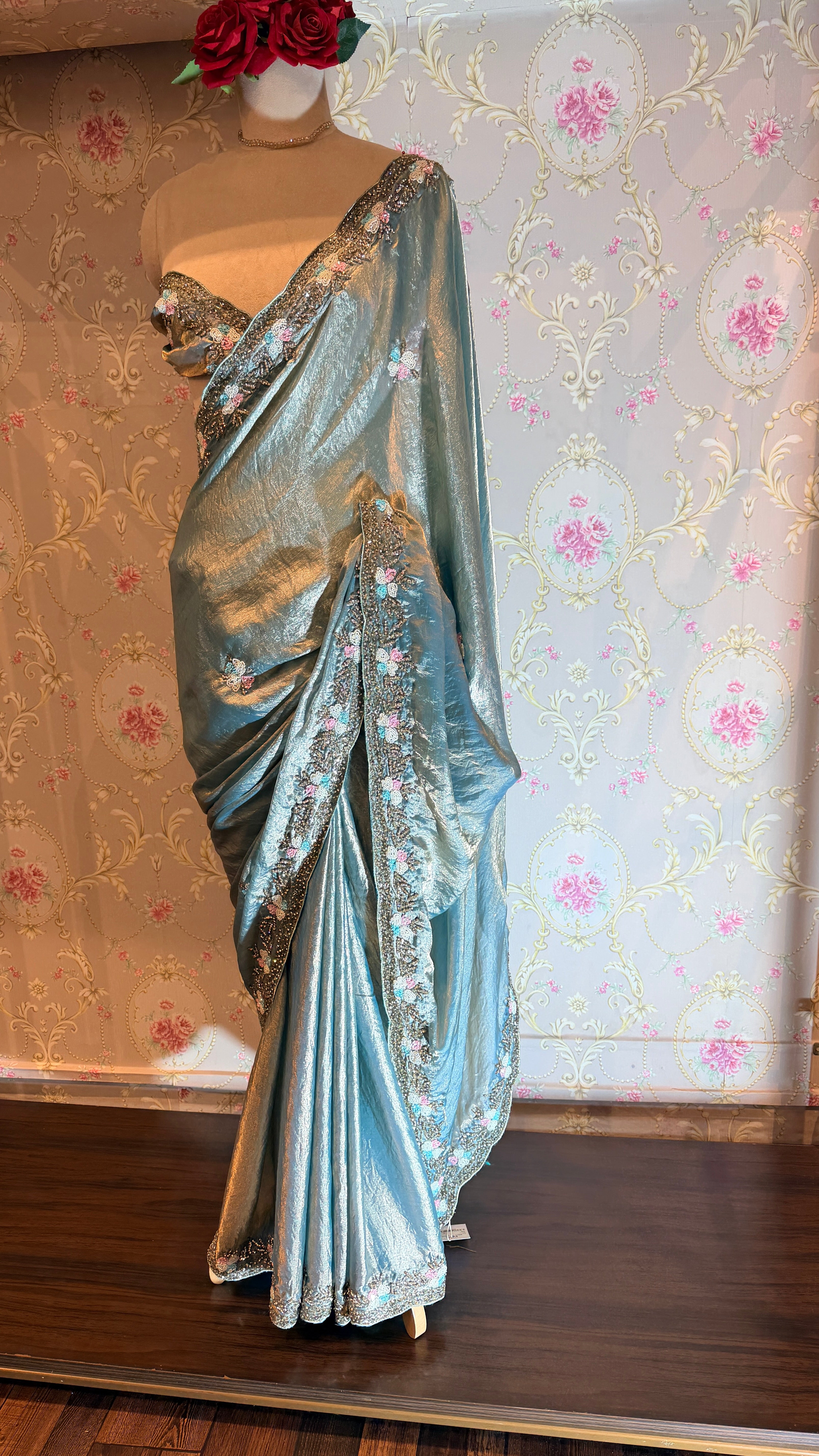 Hand-Embroidered Floral Border Saree