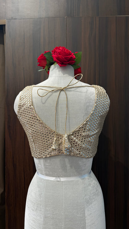 Handcrafted Gold Mirror-Work Blouse - V-Neck Ethnic Crop Top for Lehengas & Sarees