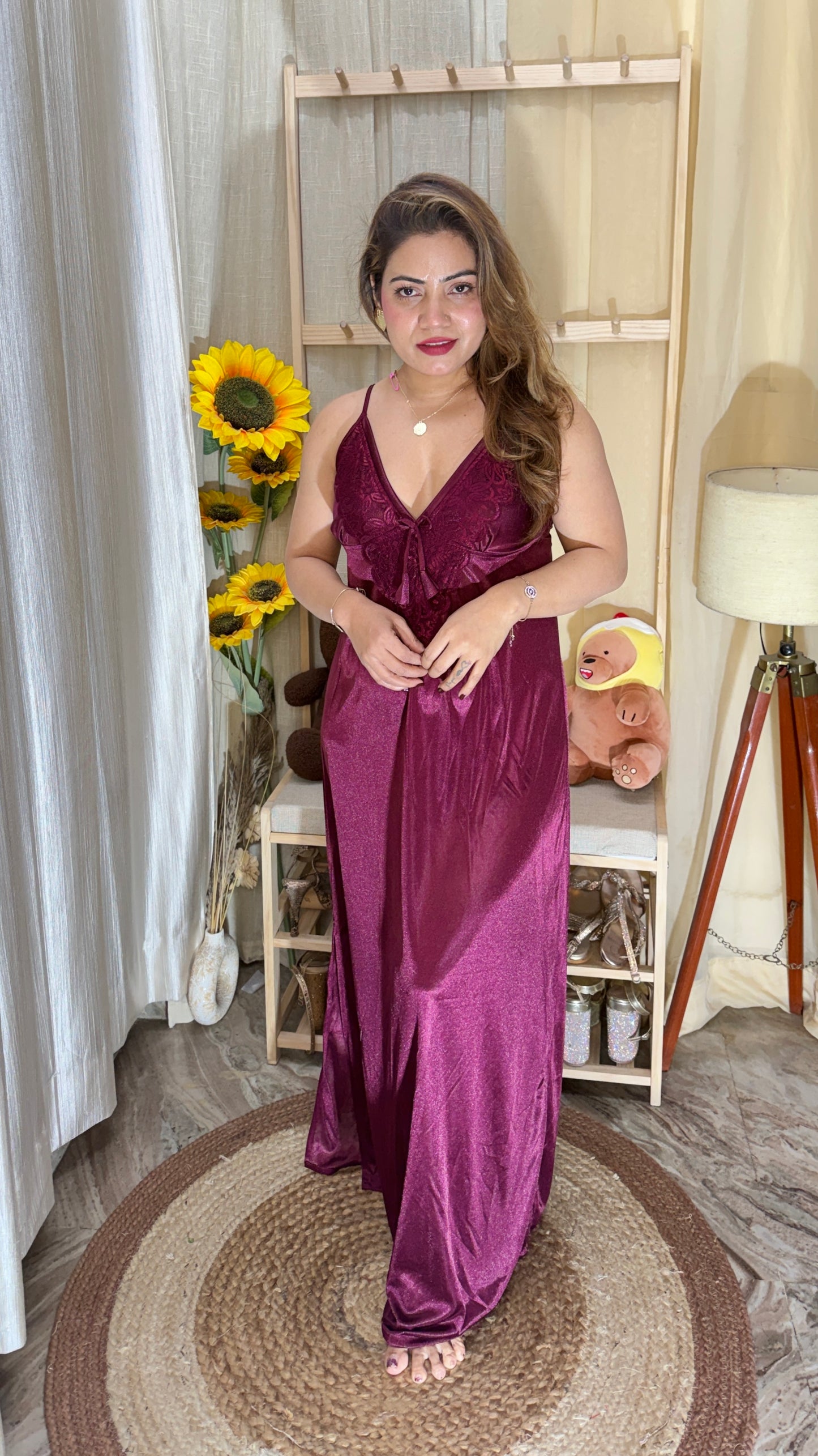 Wine Satin Embroidered Nighty with Robe | Luxury Nightwear Set