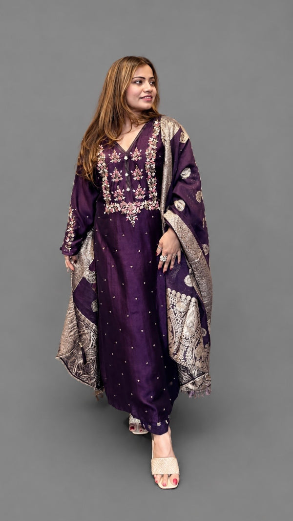 Wine Purple Embroidered Kurta Set with Jacquard Dupatta
