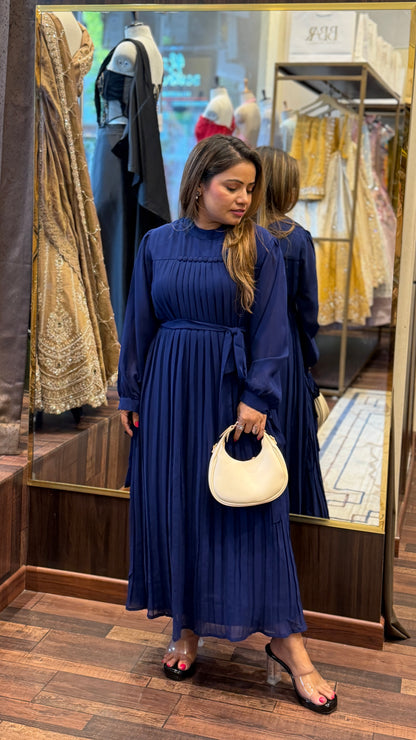 Navy Blue Pleated Midi Dress with Waist Tie – Elegant Flowy Party Wear