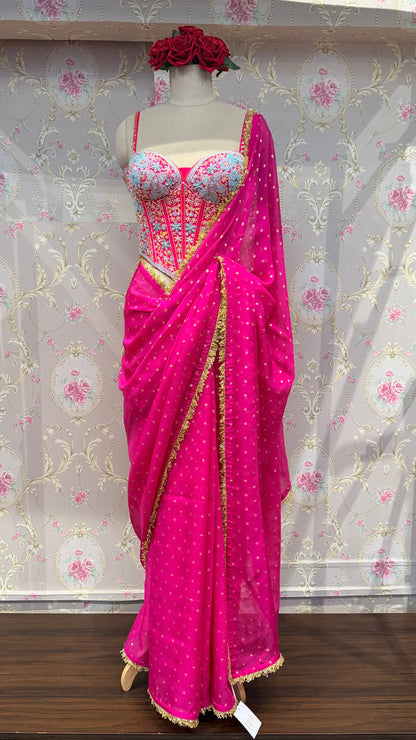Hot Pink Pre-Draped Saree with Hand Embroidered Corset Blouse