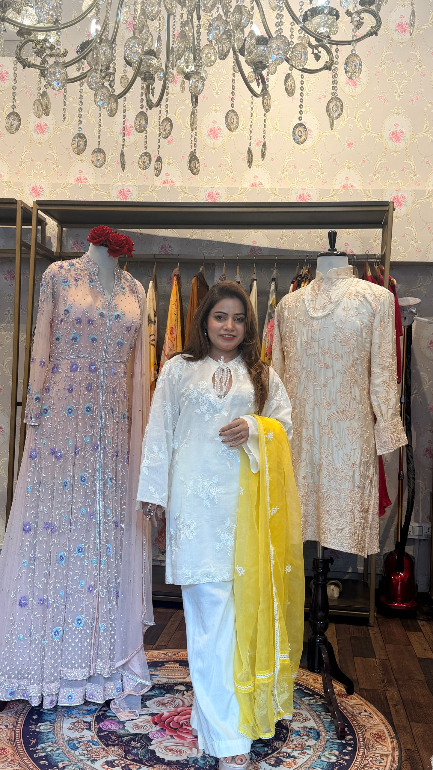 White Embroidered Kurta Sharara Set with Yellow Organza Dupatta – 3 Piece Set