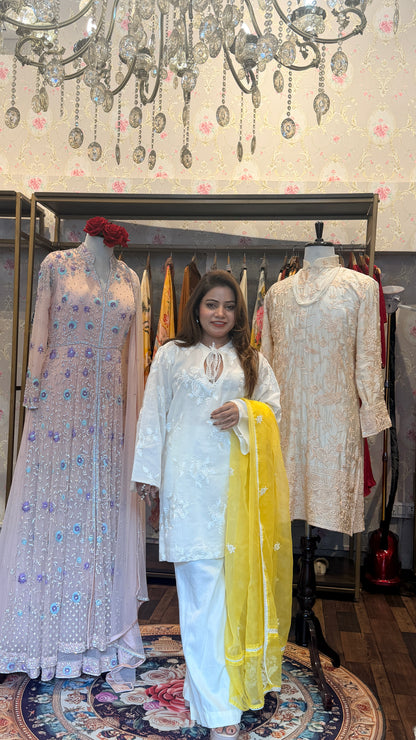 White Embroidered Kurta Sharara Set with Yellow Organza Dupatta – 3 Piece Set