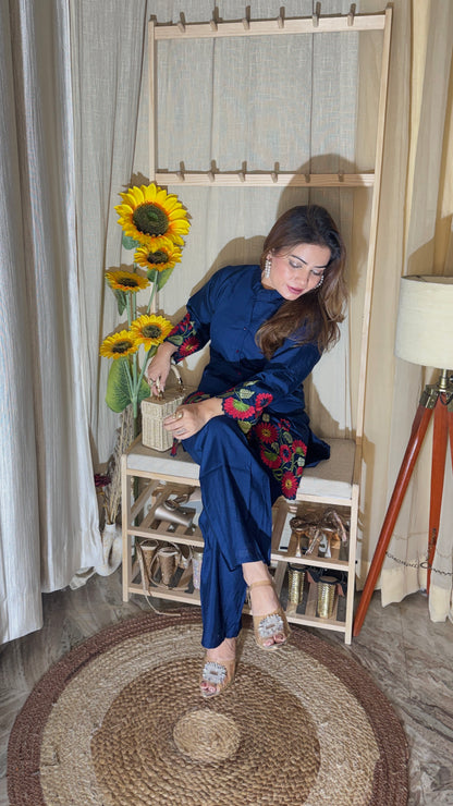 Navy Blue Floral Embroidered Co-Ord Set