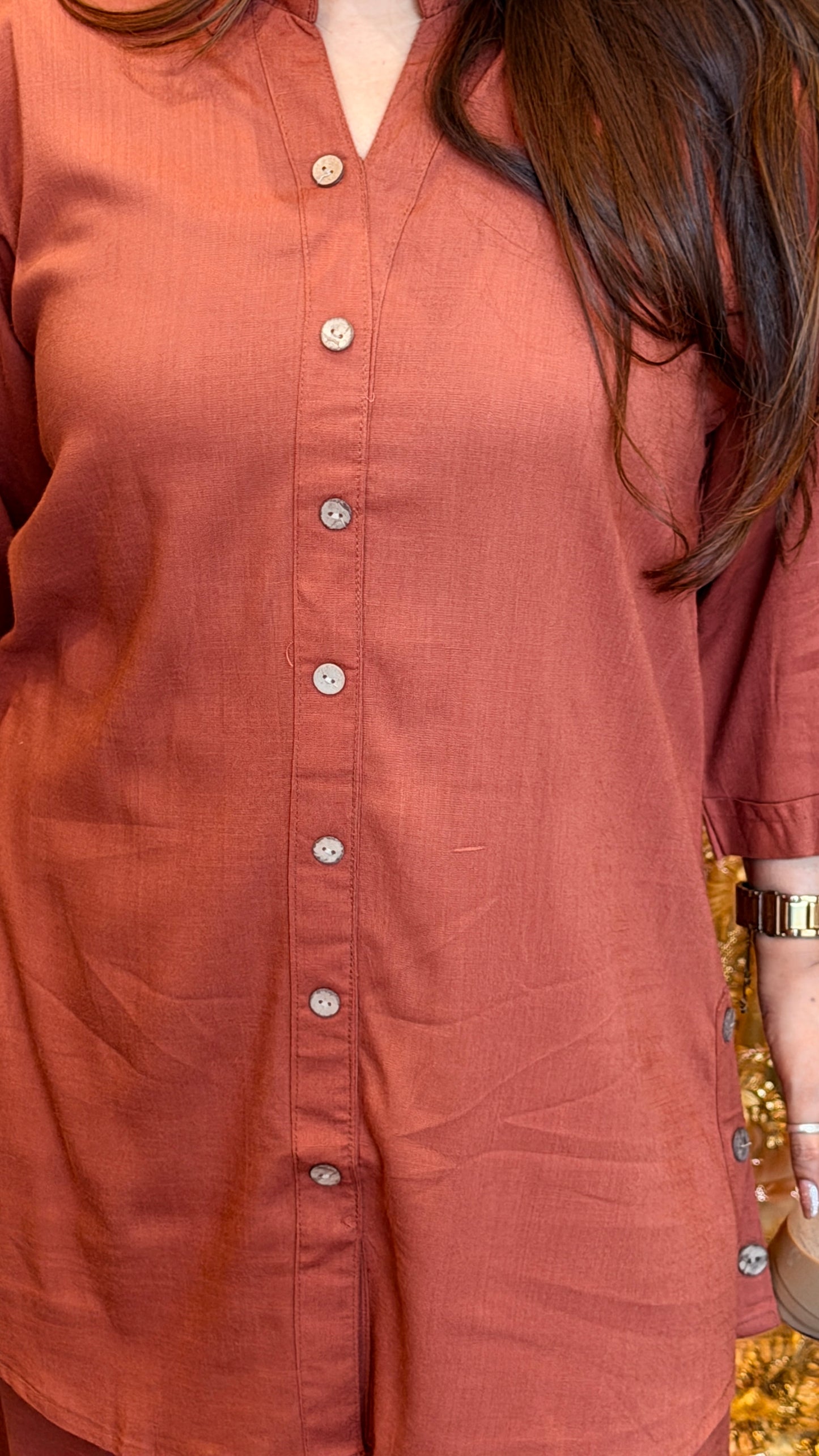 Rust Cotton Co-ord Set with Button-Down Kurta & Straight Pants