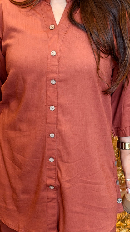 Rust Cotton Co-ord Set with Button-Down Kurta & Straight Pants