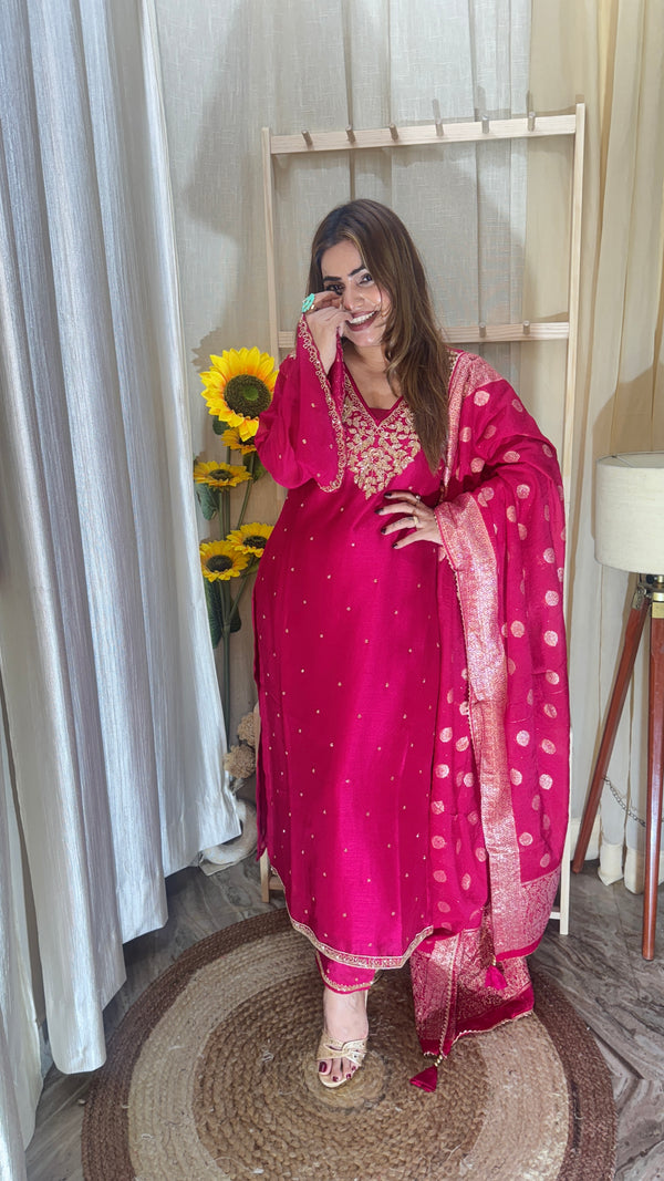 Pink Embroidered Silk Suit Set with Banarasi Dupatta