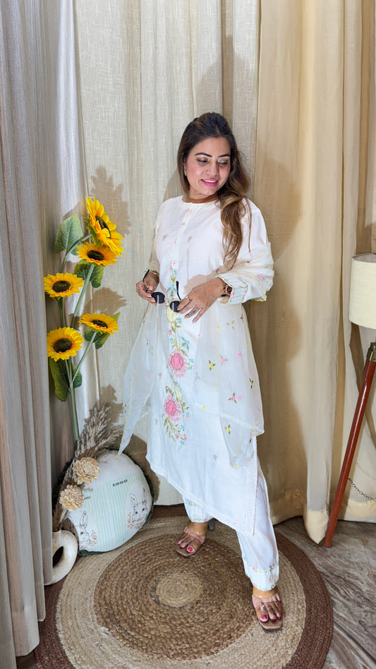 White Floral Embroidered Cotton Suit Set