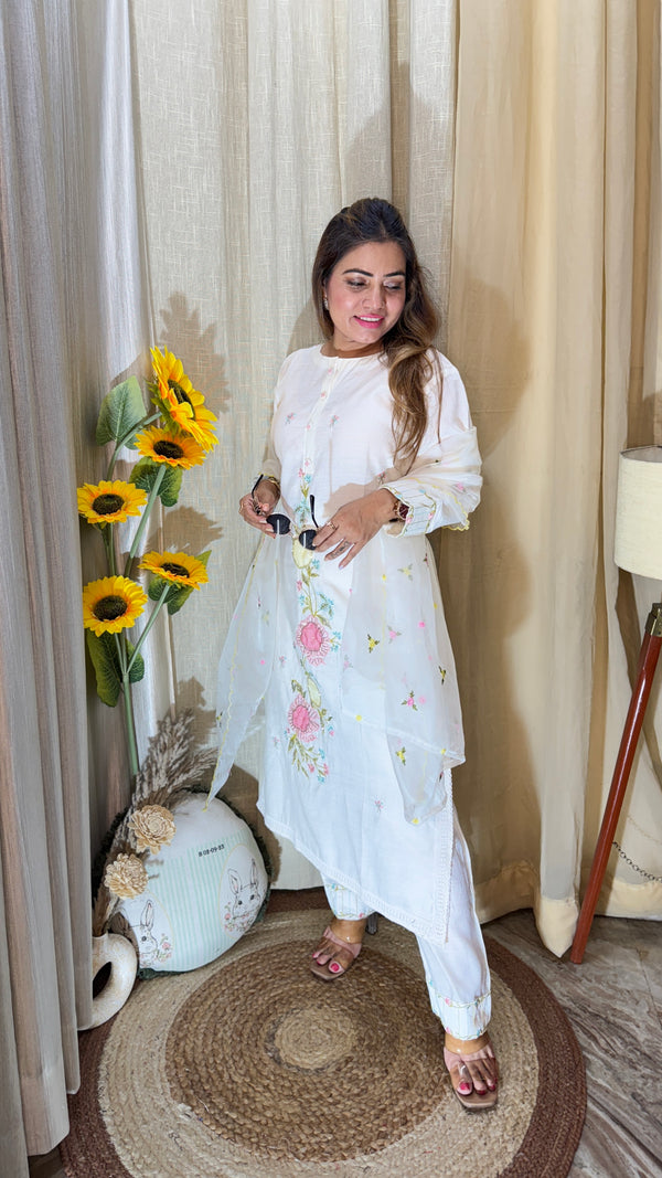 White Floral Embroidered Cotton Suit Set