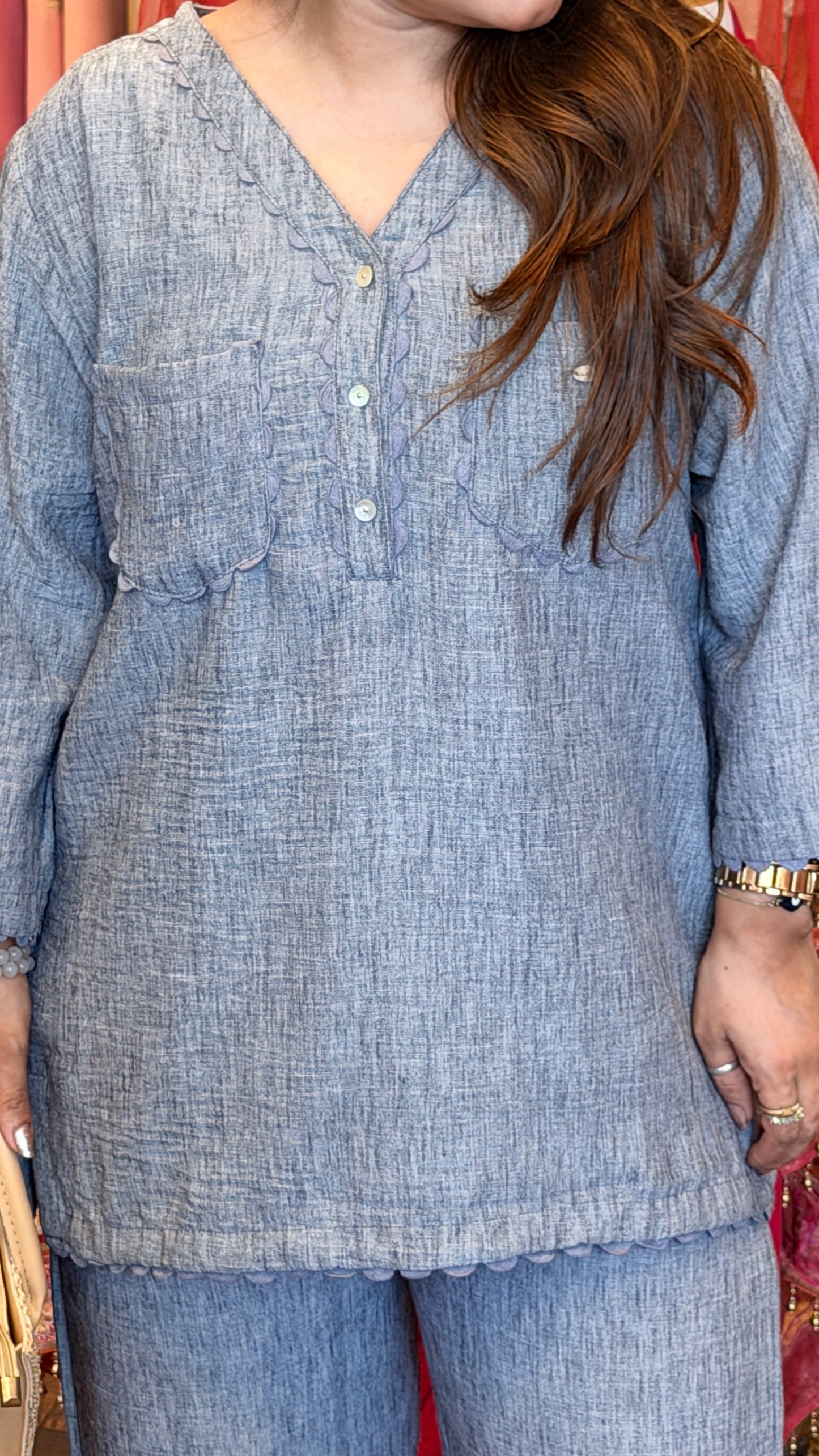 Cotton Linen Textured Co-ord Set with Scalloped Detailing
