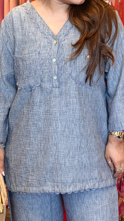 Cotton Linen Textured Co-ord Set with Scalloped Detailing