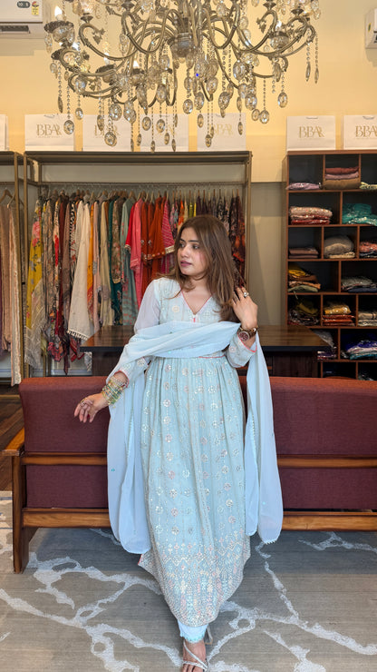 Sky Blue Embroidered Georgette  Suit Set