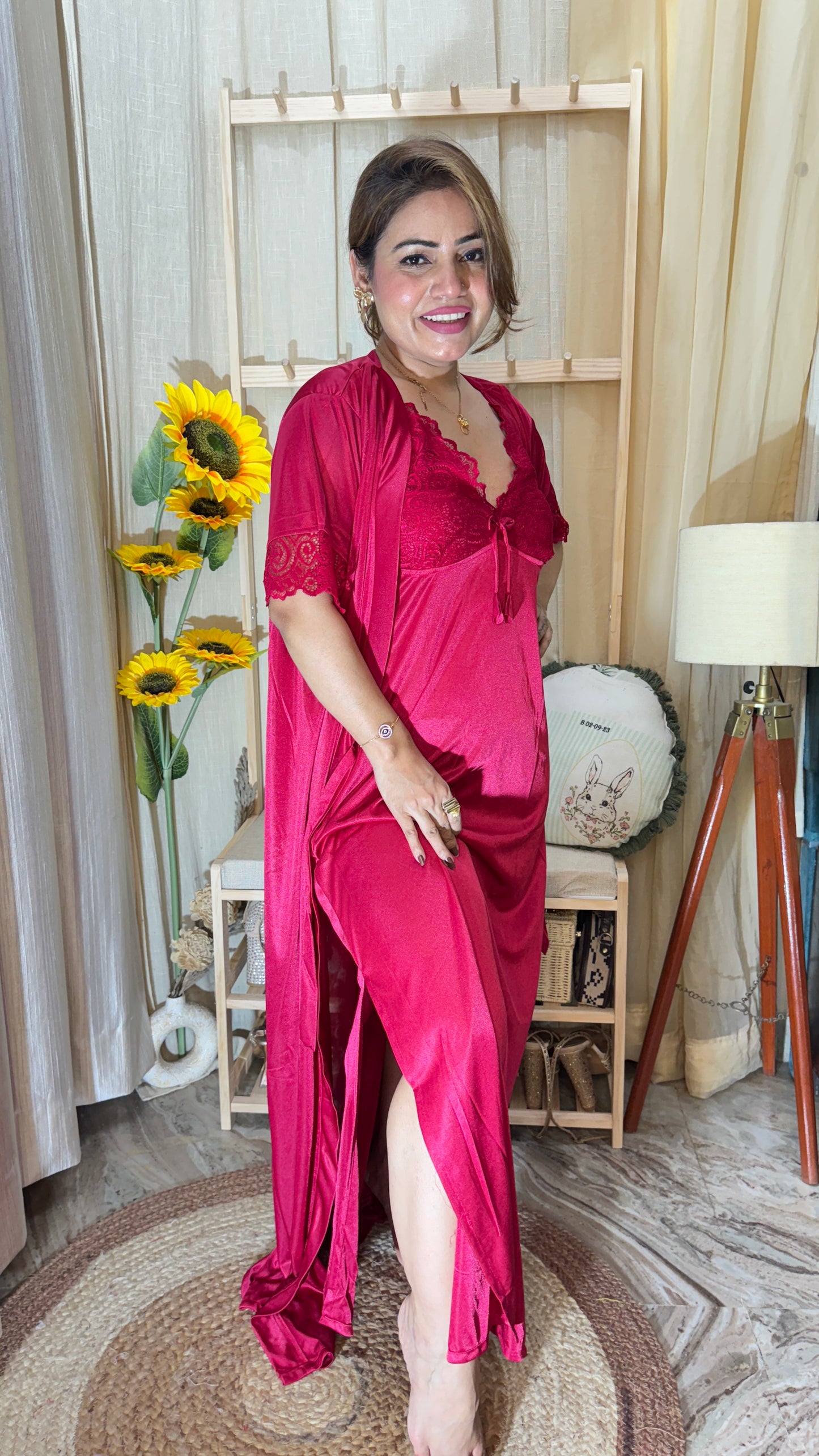 Luxury Satin Nightwear Set – Deep Red