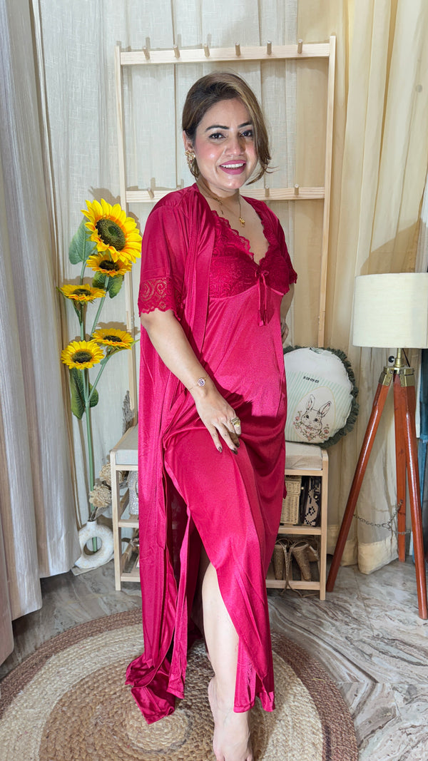 Luxury Satin Nightwear Set – Deep Red