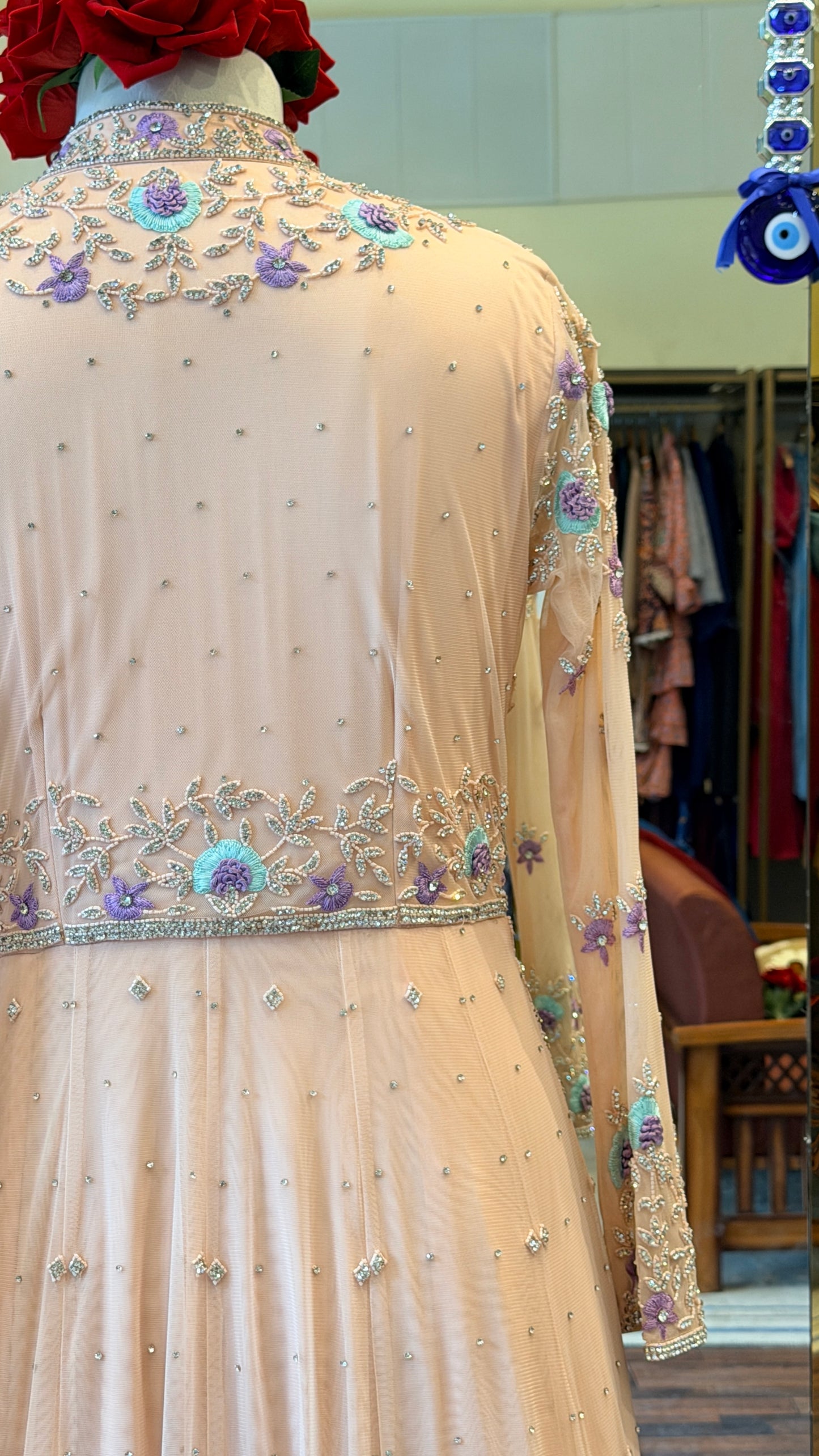 Blush Peach Floral Embroidered Anarkali Set with Dupatta