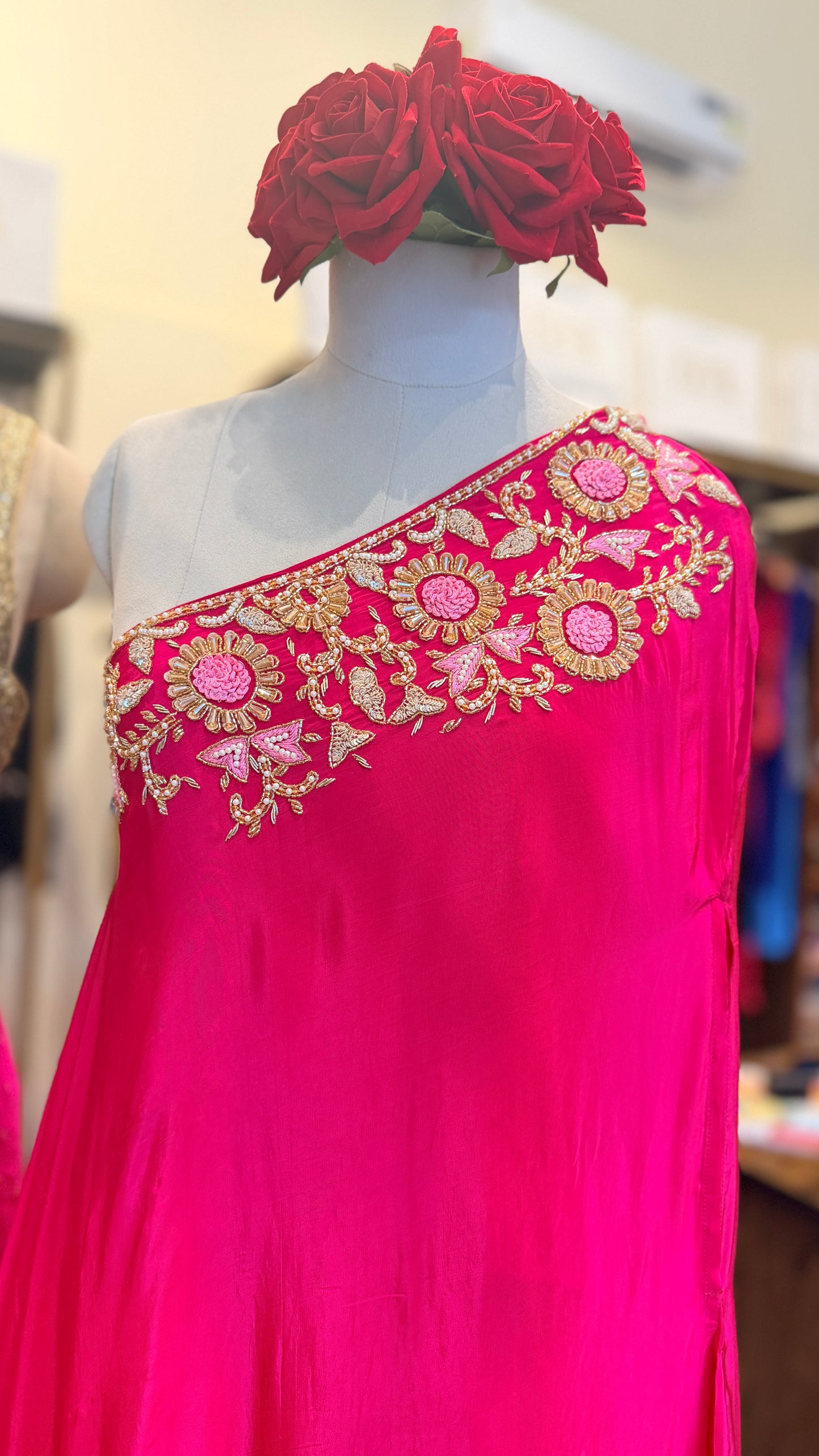 One-Shoulder Embroidered Draped Set | Blush Pink Sunset & Fuchsia Luxe Edit