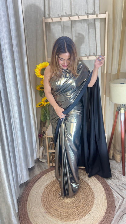 Metallic Luxe Pre-Draped Saree with 1 miter Blouse fabric – Silver Chrome Finish