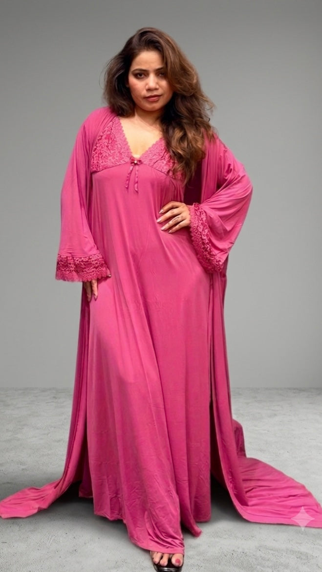 Rose Pink Satin Lace Nightwear Set with Robe | Luxury Bridal Lounge Wear | Designer Night Suit Delhi