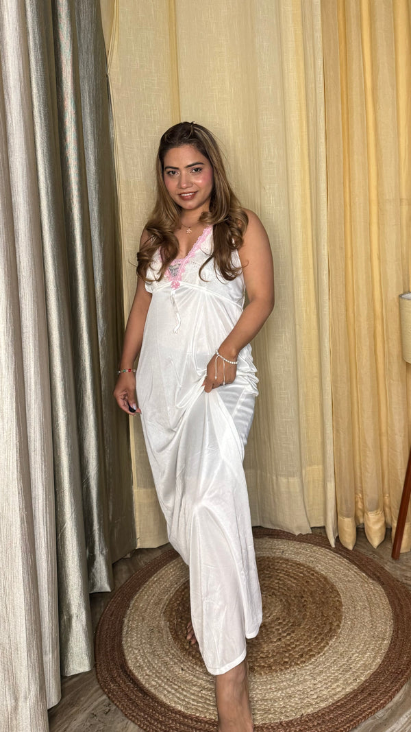 luxurious white satin nighty 2pc set