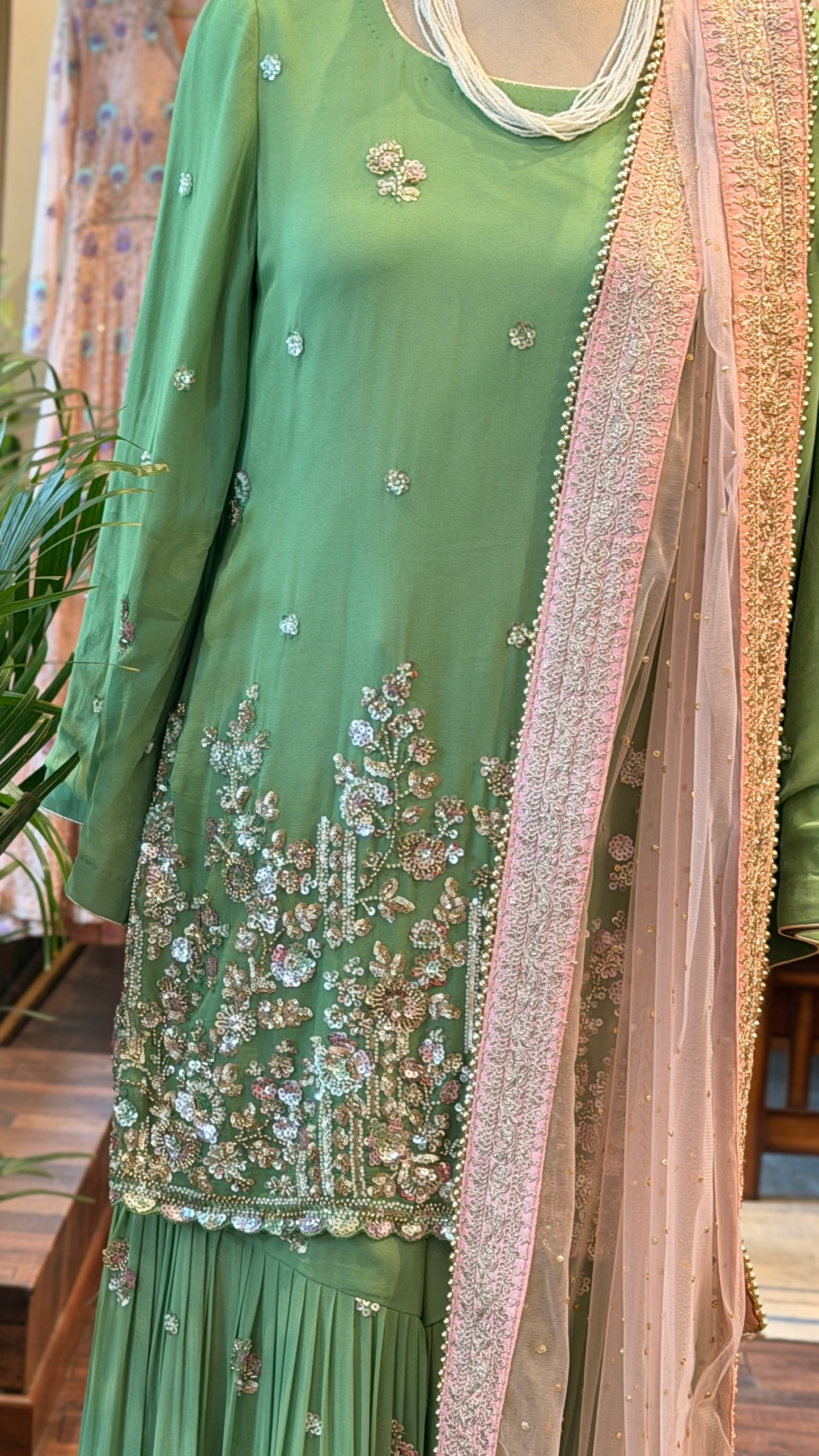 Sage Green Embroidered Sharara Set ￼