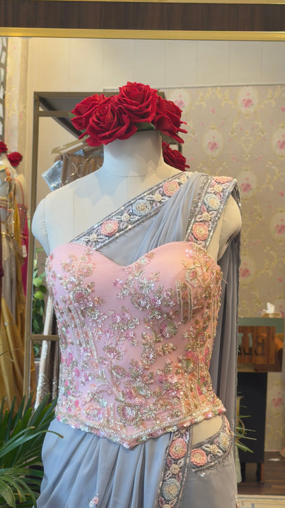 Grey Draped Saree with Hand-Embroidered Blush Pink Corset