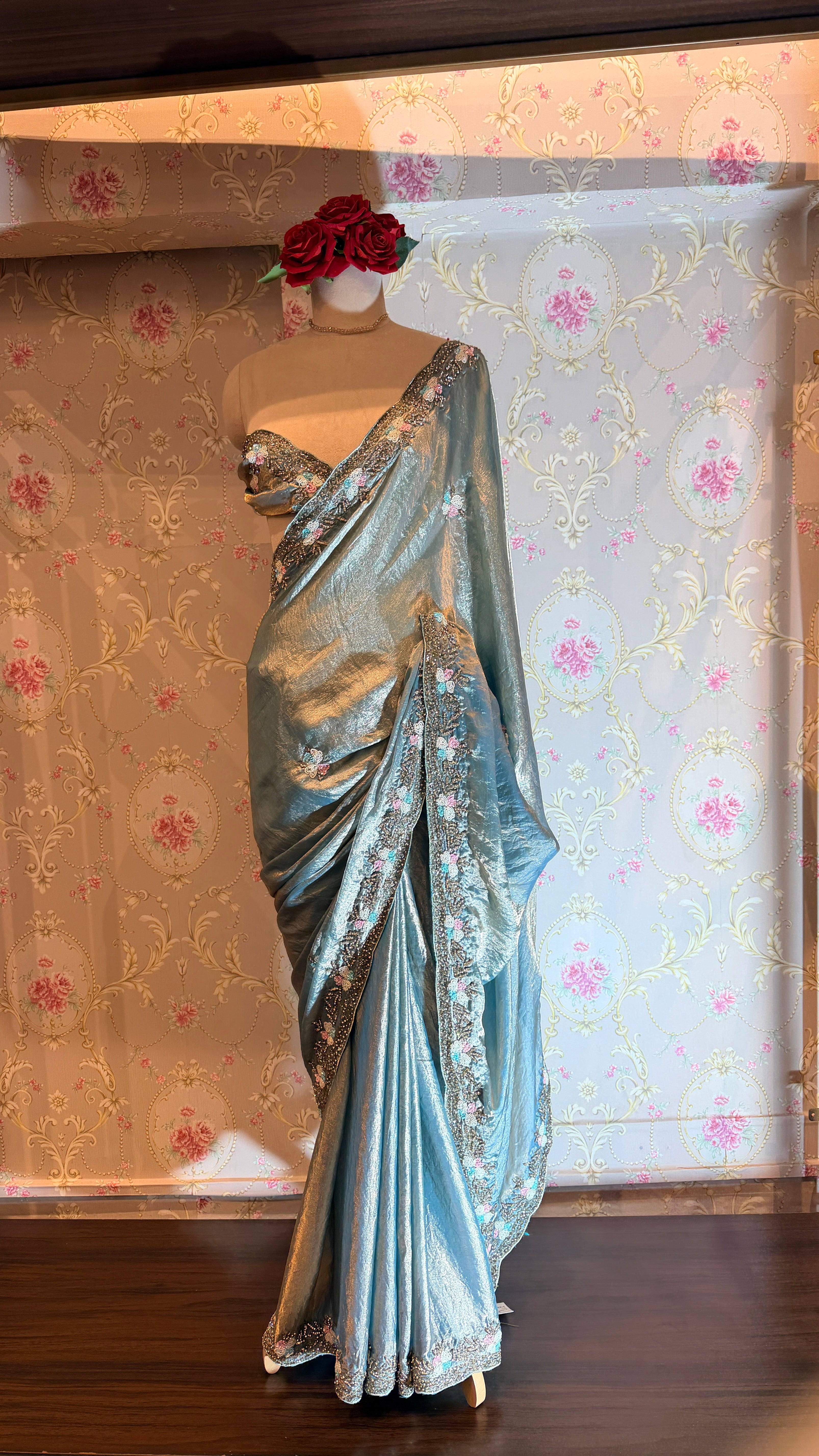 Hand-Embroidered Floral Border Saree