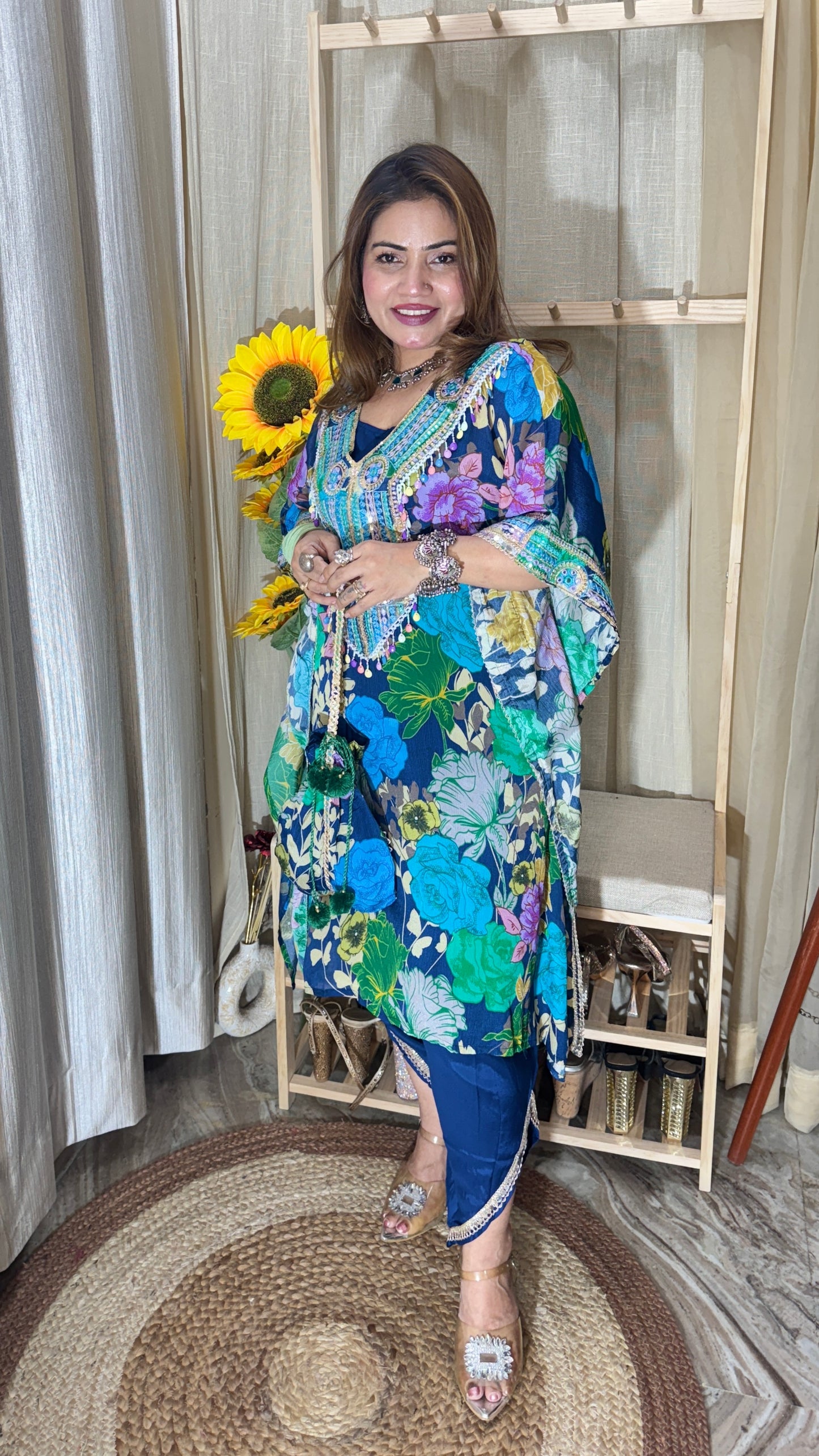 Embellished Floral Kaftan Set with Pants & Potli Bag