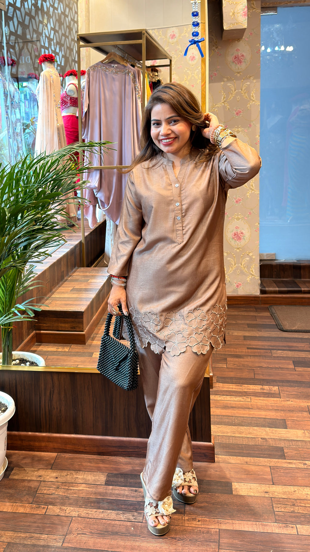 Mocha Cotton Satin Embroidered Co-Ord Set