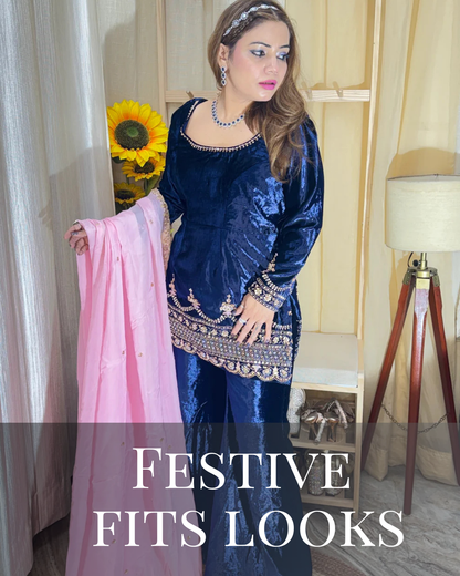 “ZARA NOOR” – Midnight Velvet Sharara Set