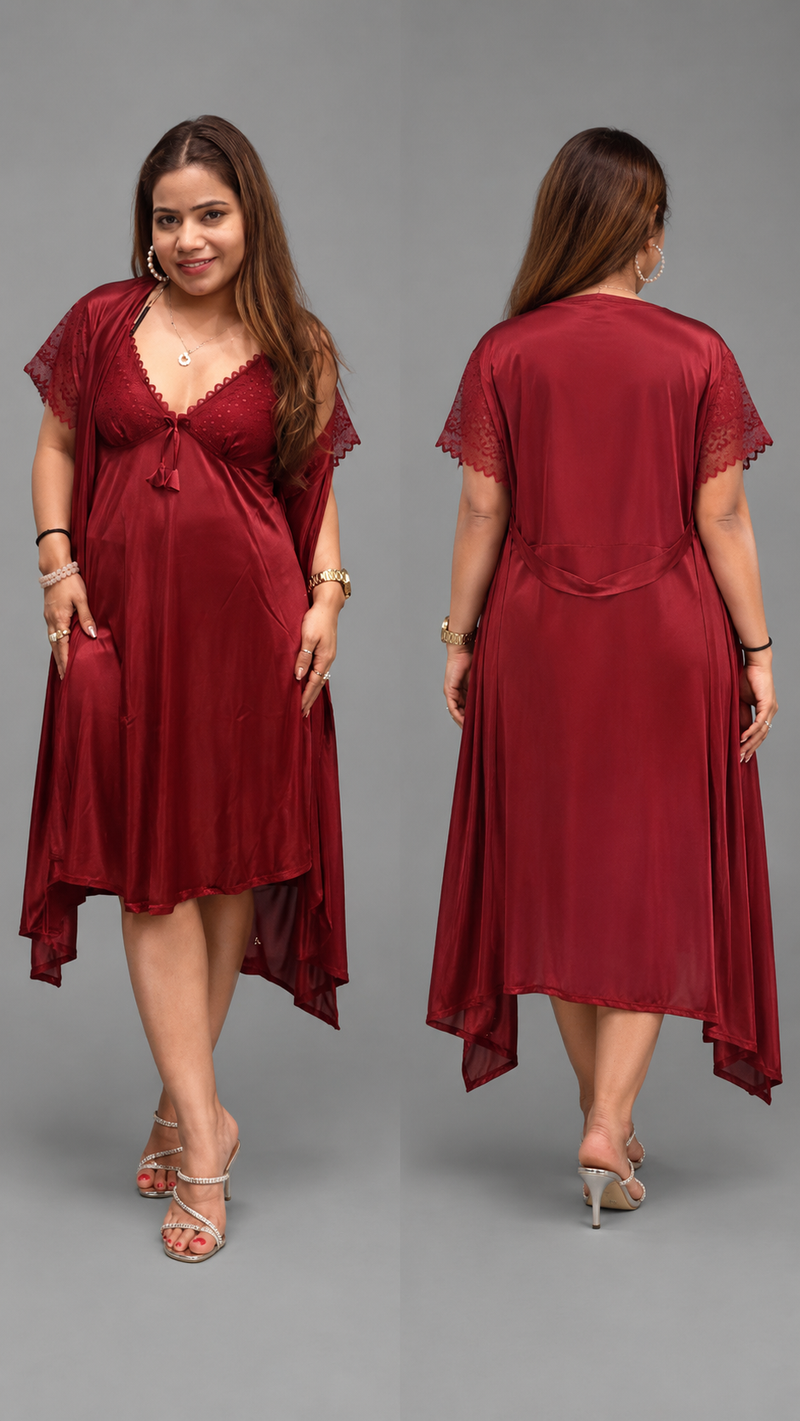 Red Satin Lace Nightdress with Robe – Luxury Bridal & Honeymoon Sleepwear Set