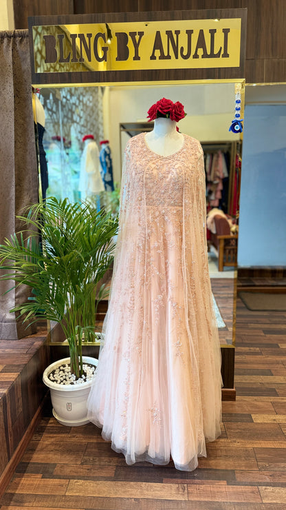 Blush Pink Embellished Cape Gown