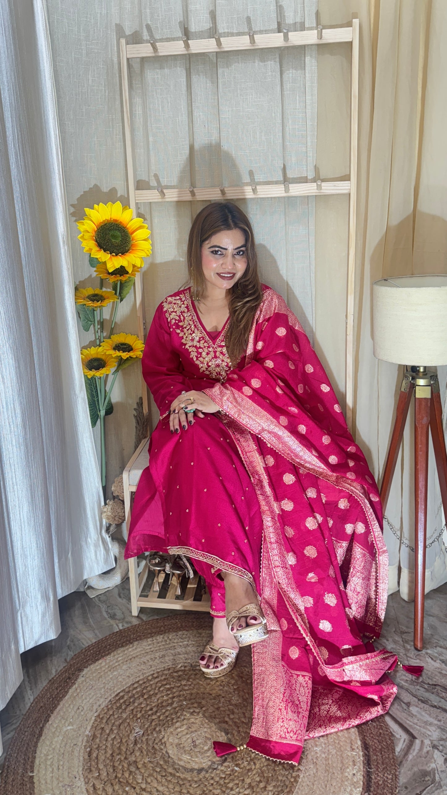 Pink Embroidered Silk Suit Set with Banarasi Dupatta