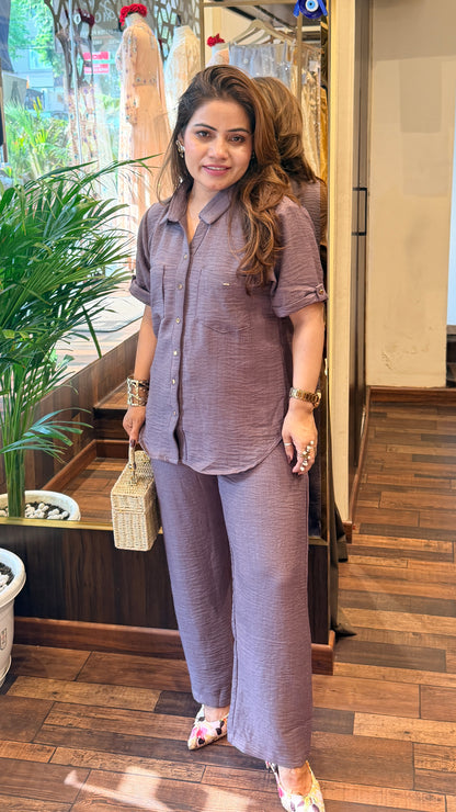 Taupe Linen Co-Ord Shirt & Wide-Leg Pants Set