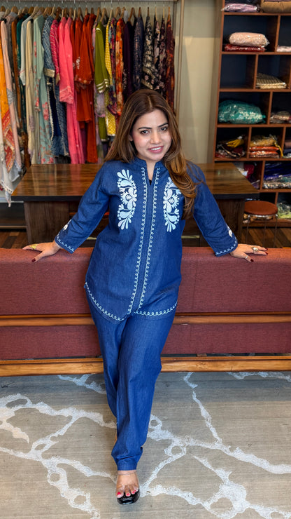 Indigo Denim Co-ord Set with White Embroidery