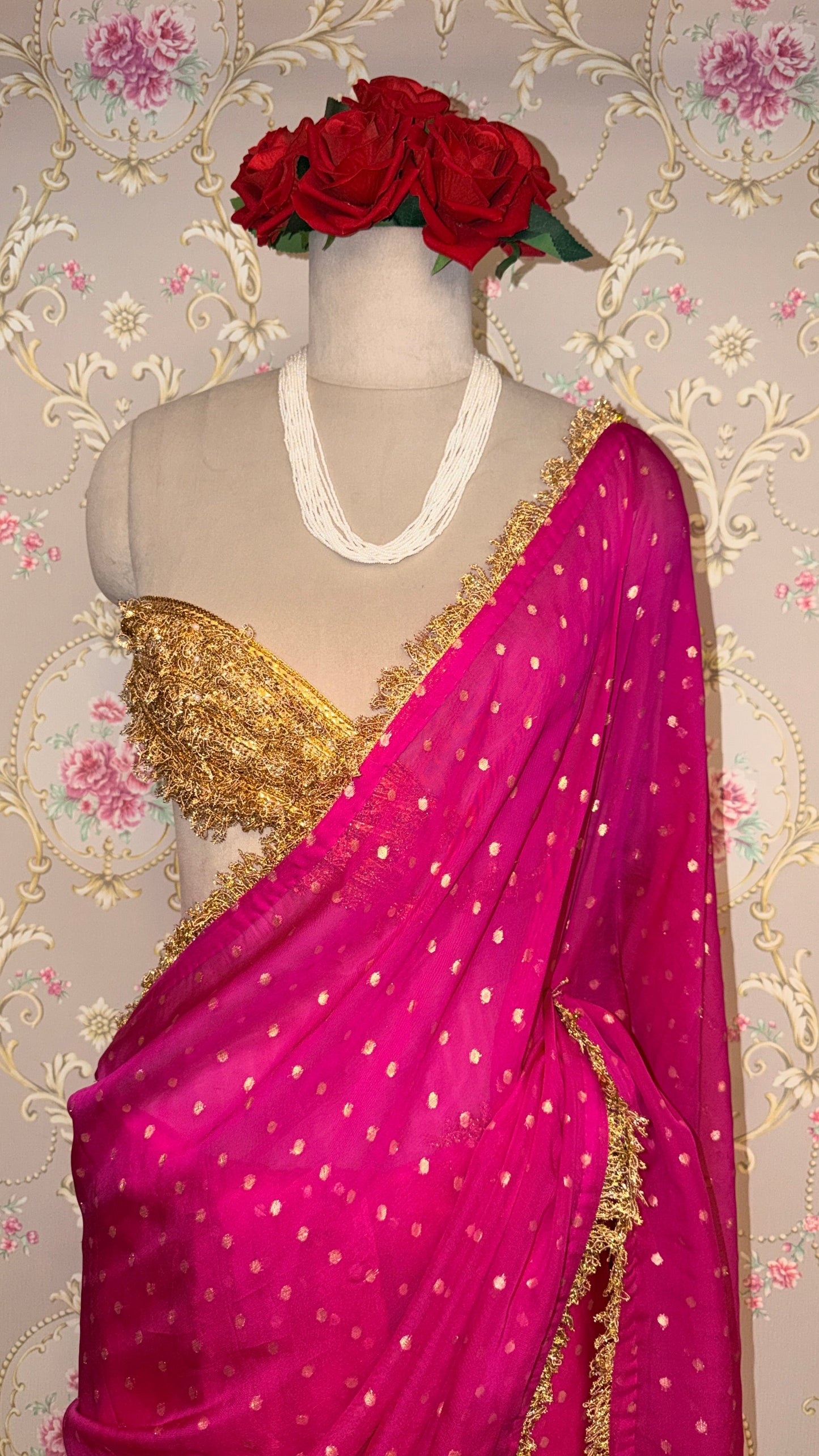 Rani Pink Dotted Saree with Gold Border